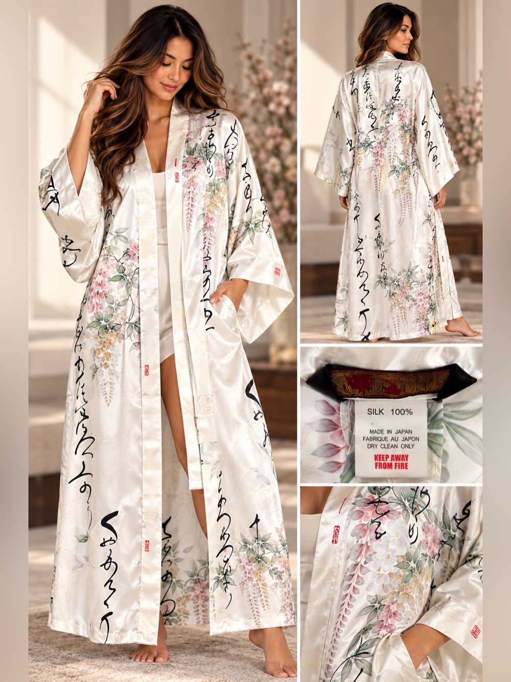 100% Silk Japanese Kimono Robe Ivory Floral Calligraphy Belted Made in Japan